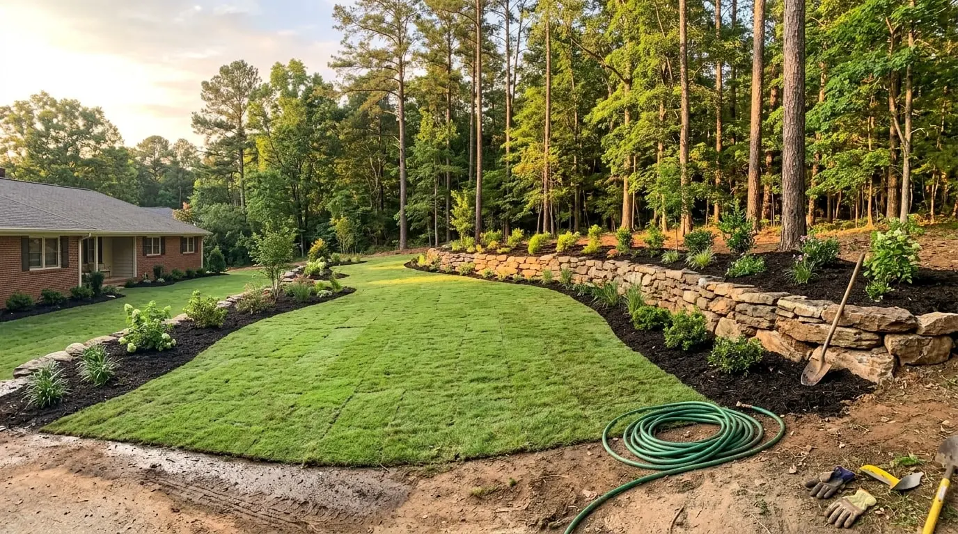 Freshly graded and sodded backyard with a stacked stone retaining wall and new plantings