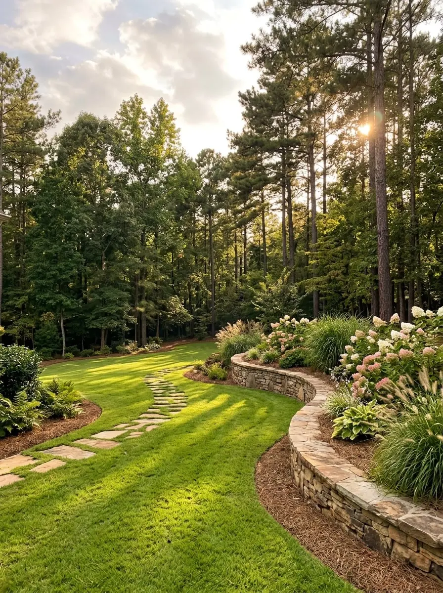 Freshly finished backyard with a curved stacked-stone retaining wall, flagstone path, hydrangea beds and a lush lawn at golden hour