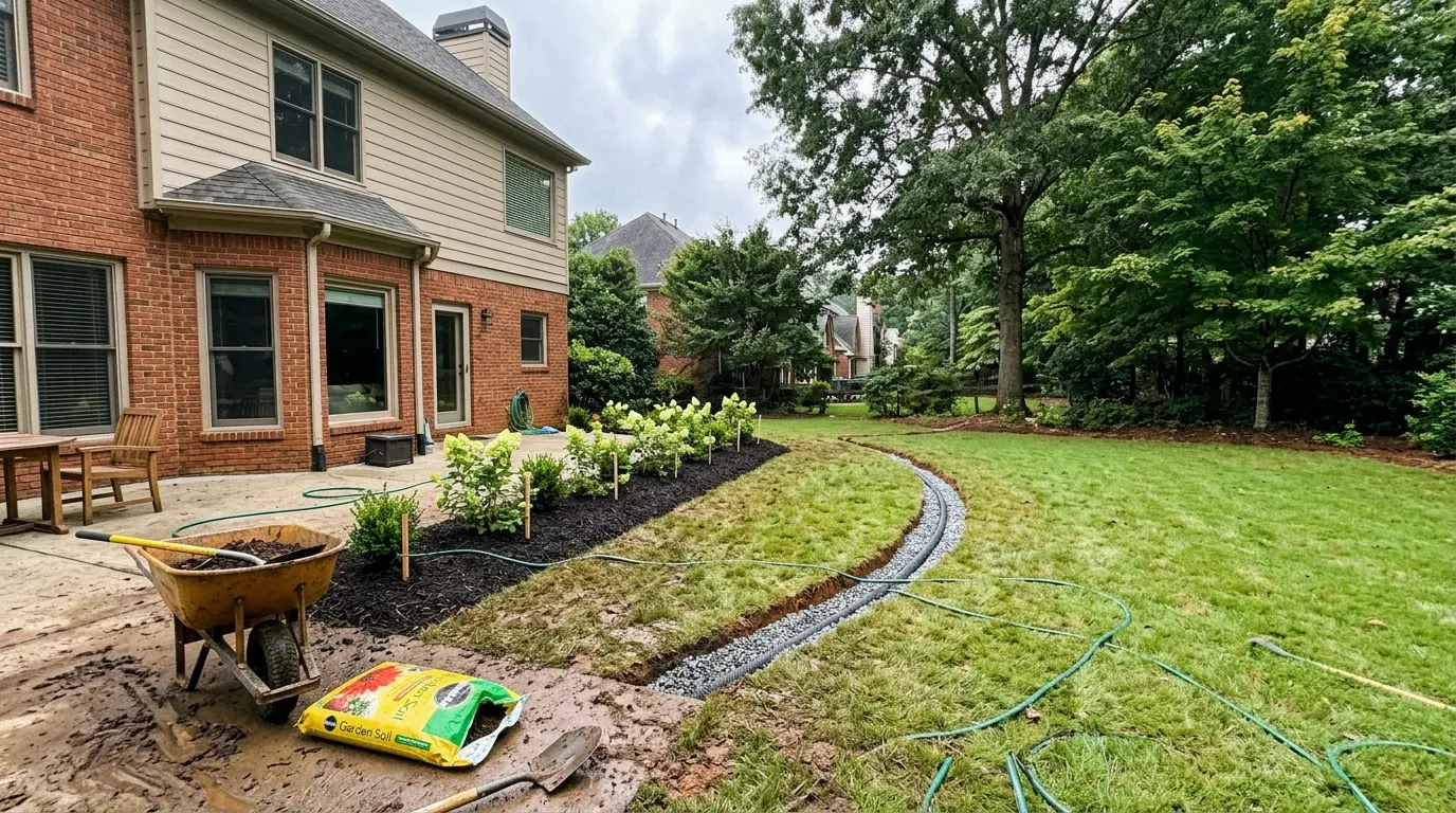 Established Alpharetta, GA backyard mid-renovation with fresh hydrangea beds, a gravel French drain trench and mature trees