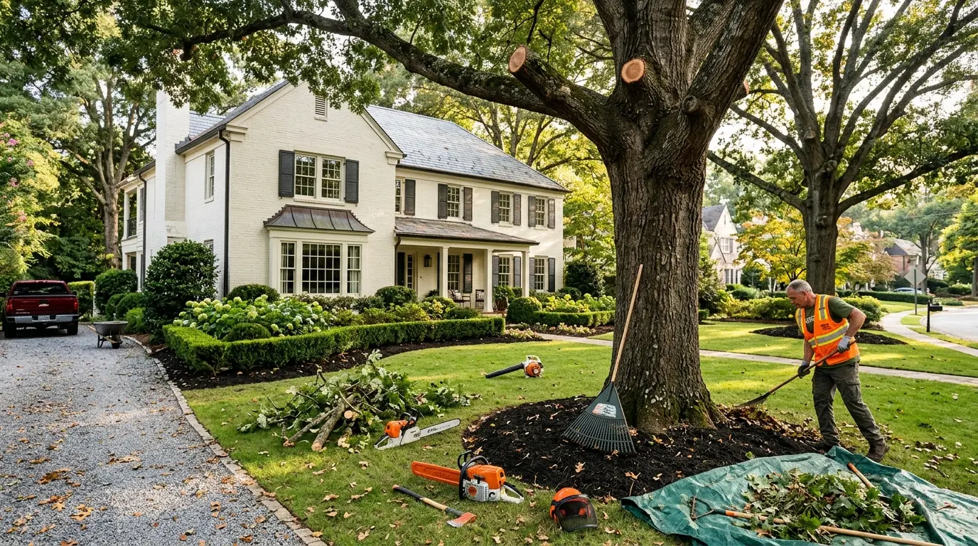 Stately painted-brick Buckhead home with large hardwood trees, freshly pruned limbs and crisp hand-cut boxwood bed edges