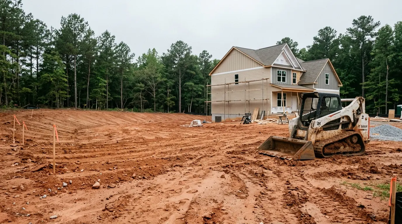 Freshly graded red-clay backyard of a new-construction home in Cumming, GA with a track loader and orange grade stakes