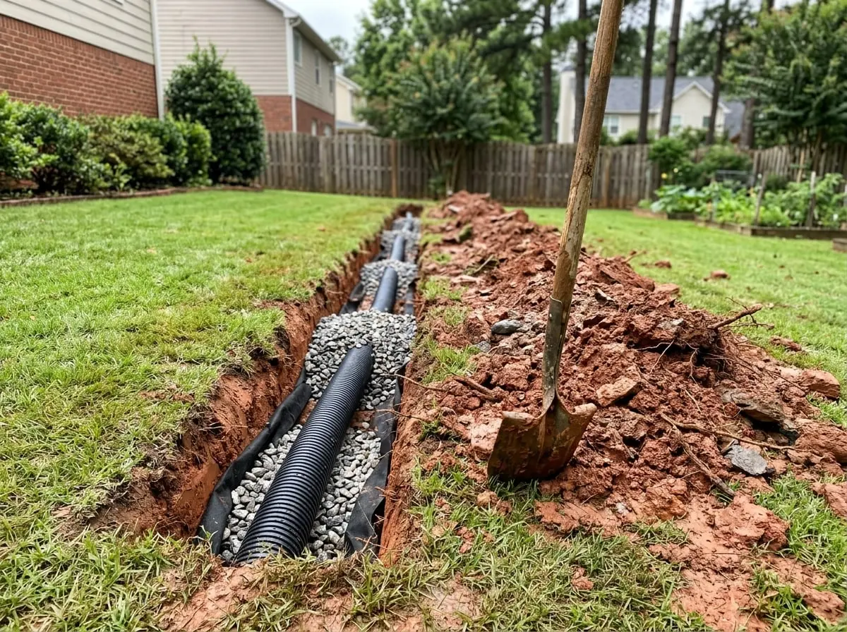 Open trench with perforated drain pipe and washed gravel in a backyard French drain installation