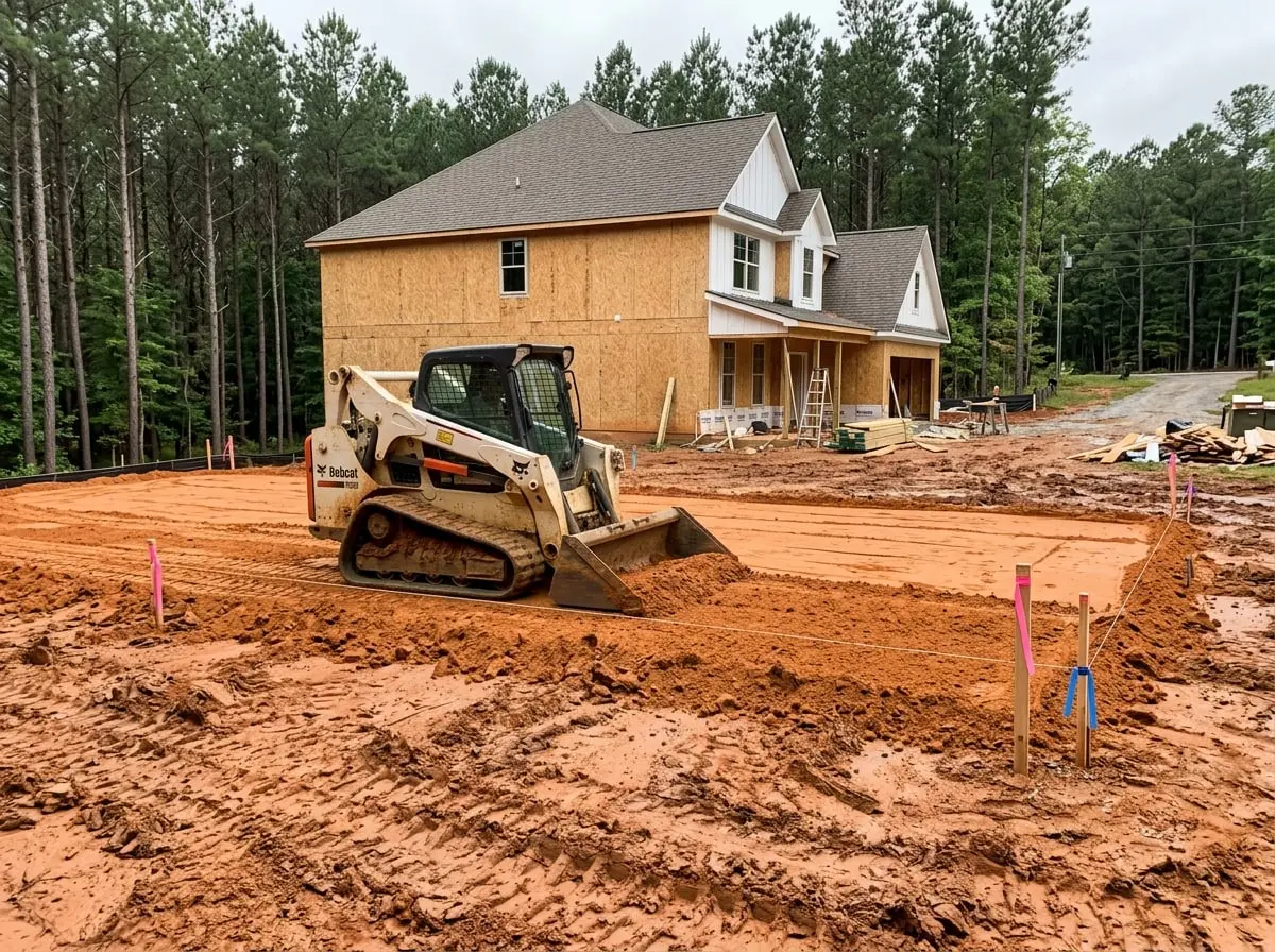 Compact track loader grading red Georgia clay into a level building pad