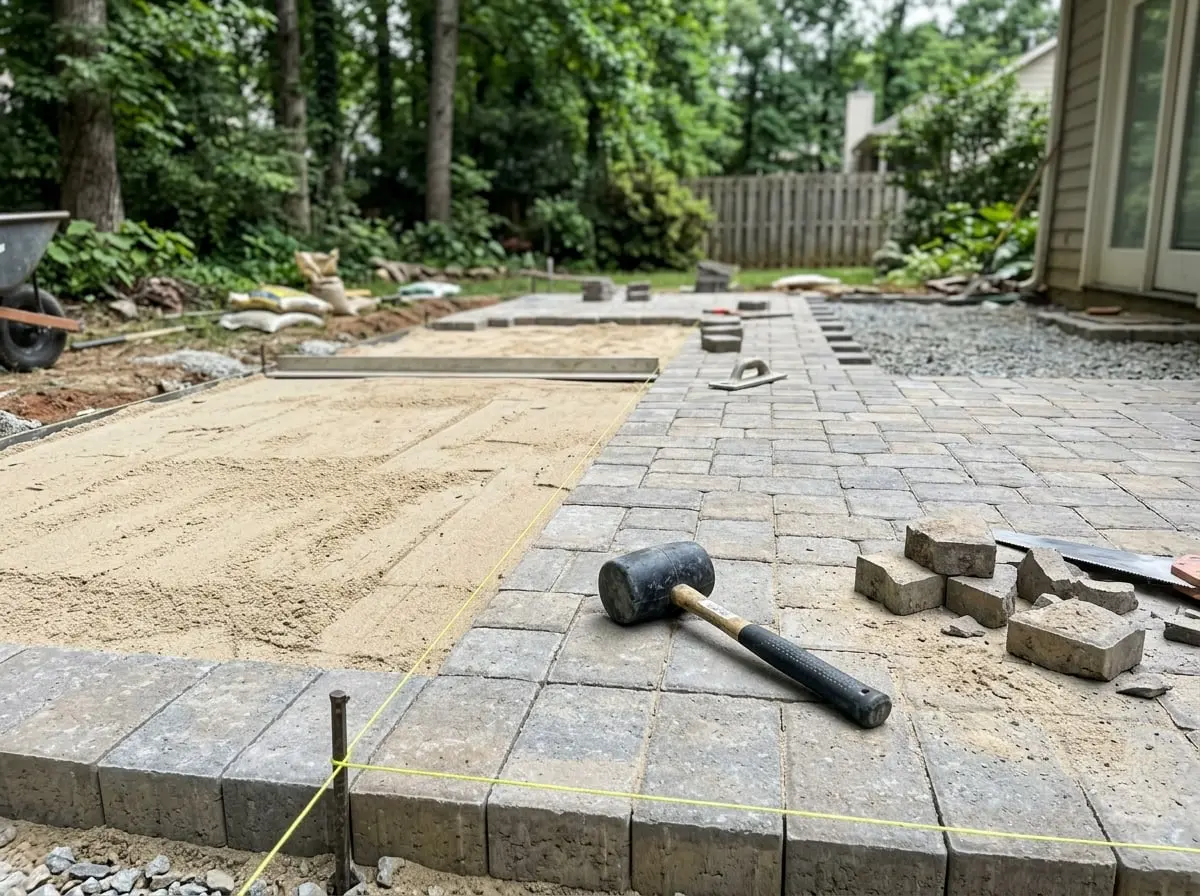 Paver patio under construction with screeded sand bed, string line and rubber mallet