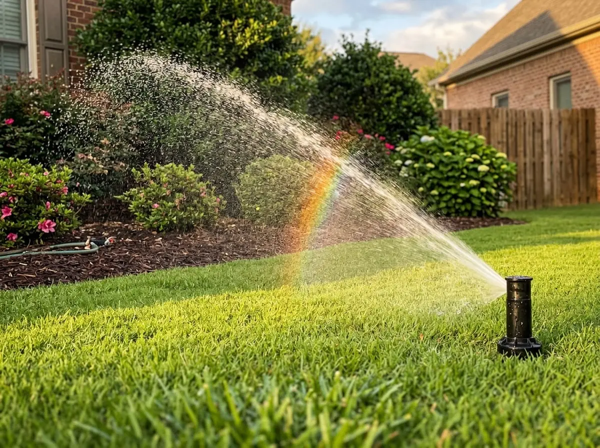 Pop-up rotor sprinkler head spraying an arc of water across a green lawn in evening light