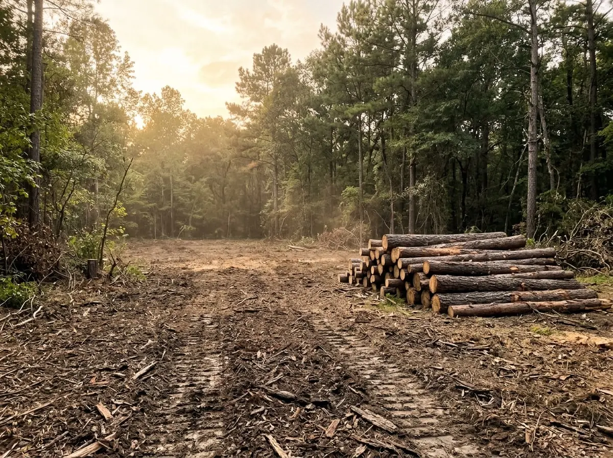 Freshly forestry-mulched Georgia lot with a stack of felled logs beside an untouched treeline