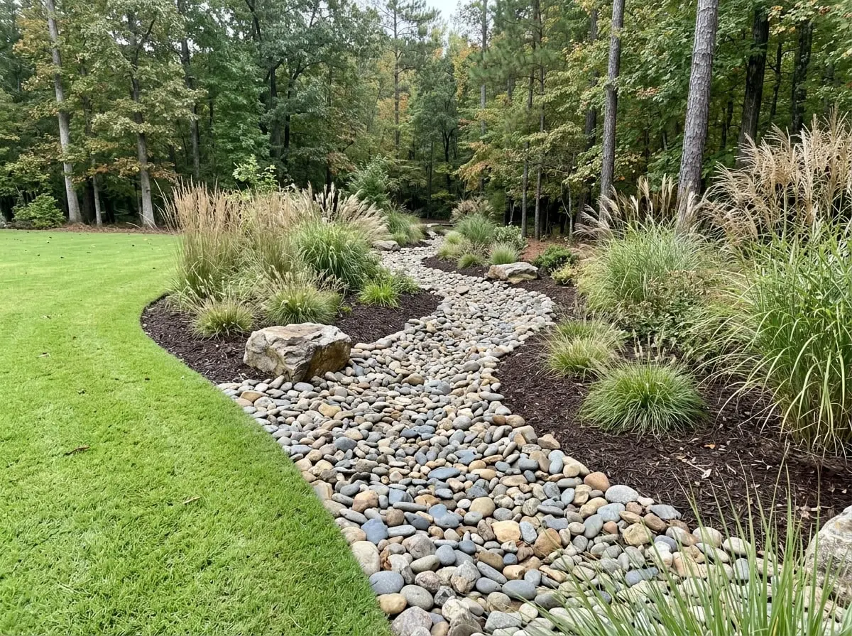 Winding river rock dry creek bed bordered by mulched beds and ornamental grasses beside a lawn