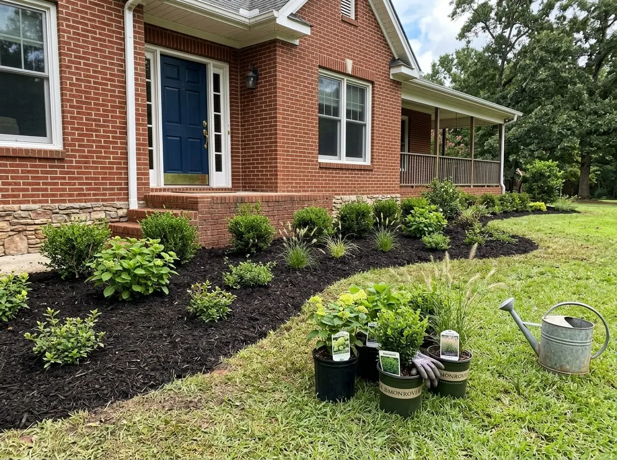 Newly planted foundation bed of boxwoods and hydrangeas in fresh mulch along a brick home