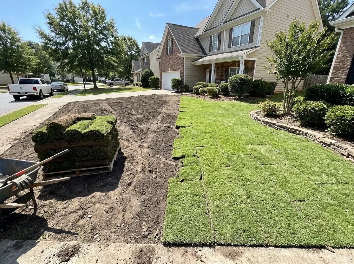 Fresh green sod being unrolled across a prepared front lawn beside a pallet of sod