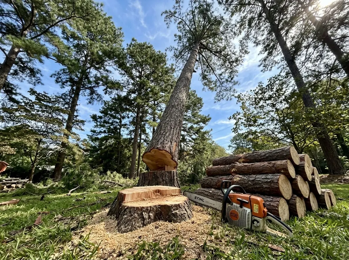 Freshly cut pine stump with sawdust ring and a stack of trunk sections in a residential yard