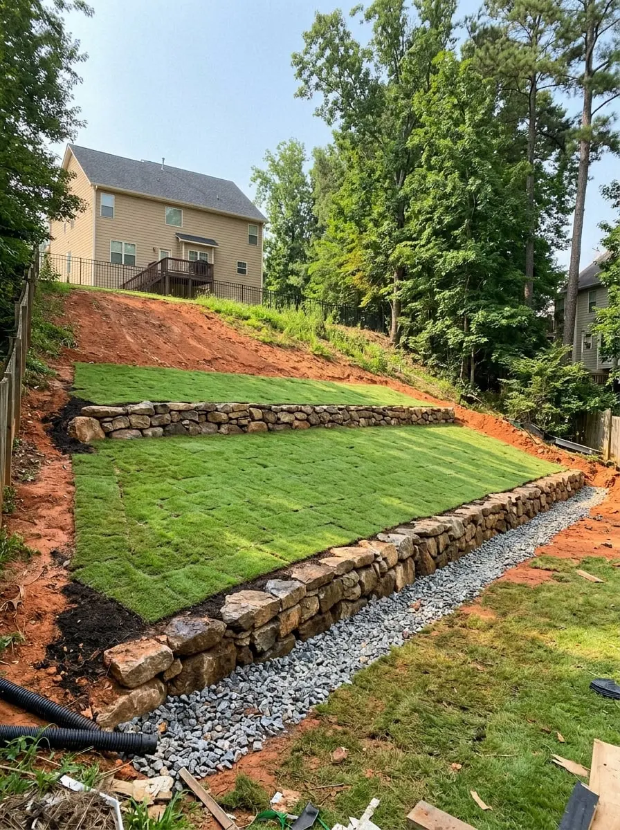 Steep backyard slope regraded into two boulder-terraced sodded tiers with a gravel drainage swale