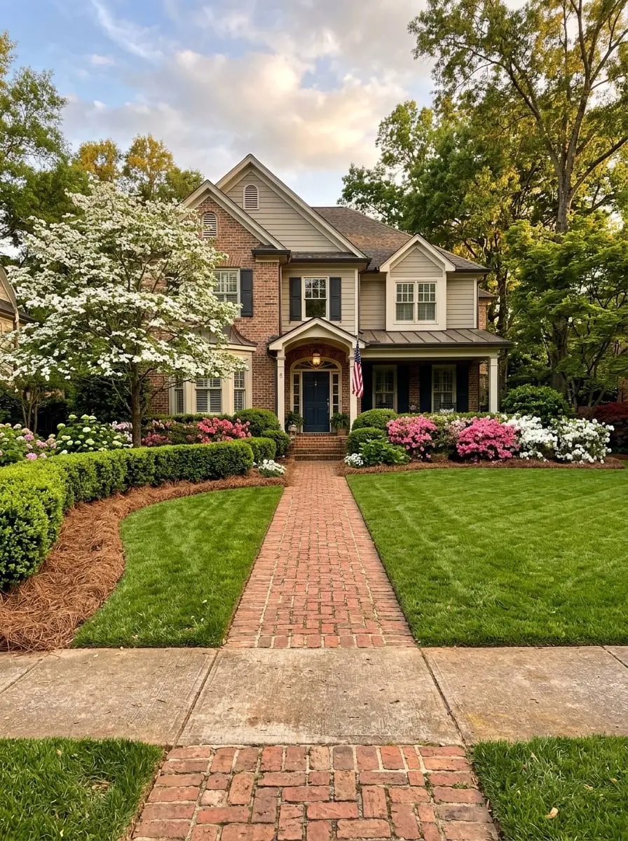 Traditional brick home with manicured lawn, boxwood hedges and pine straw beds along a brick walkway