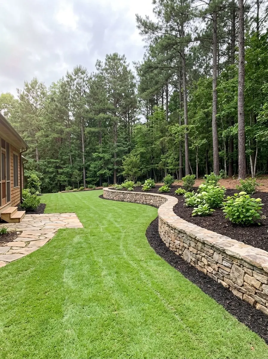 Level sodded backyard bordered by a curved stacked stone retaining wall and new hydrangea beds