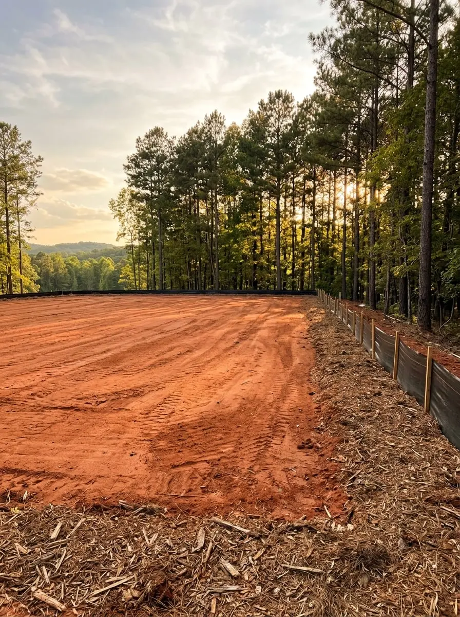 Freshly cleared and graded red clay lot framed by a straight pine treeline